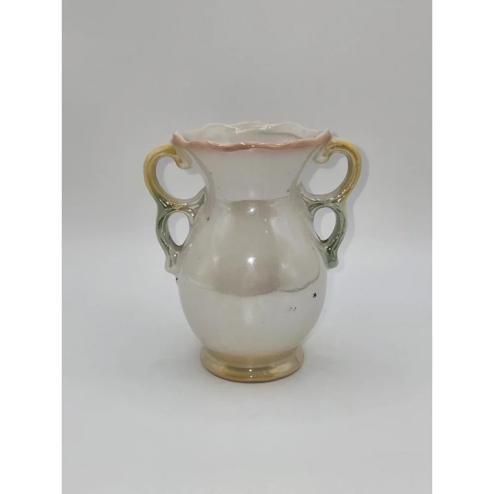 Vintage Brazil Art Pottery Double Handle Floral Vase Pink Rose Daisy Relief